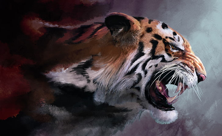 Angry Tiger Painting, brown tiger painting, Artistic, Drawings, HD wallpaper