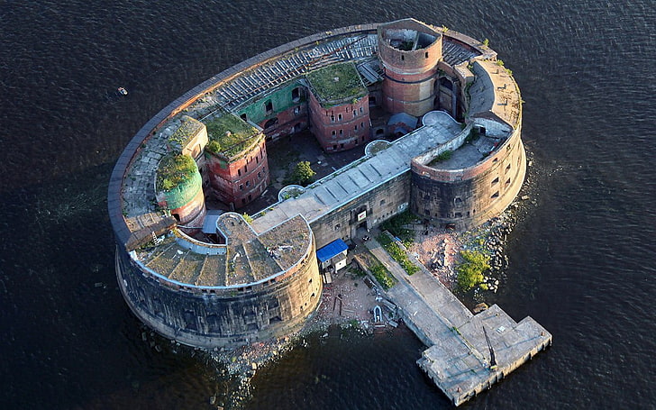 brown and red stone castle, architecture, island, forts, fortress