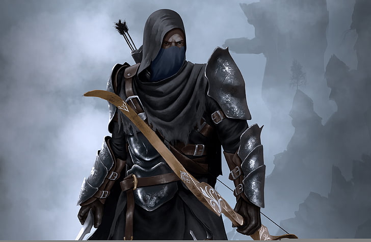 Assassin's Creed character, warrior, bow, hood, arrows, killer