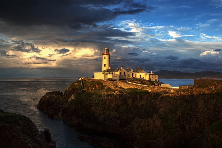 sea, landscape, sunset, clouds, rocks, lighthouse, Ireland, HD wallpaper
