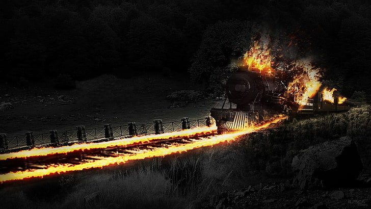 black train, effects, night, nature, heat - temperature, tree, HD wallpaper