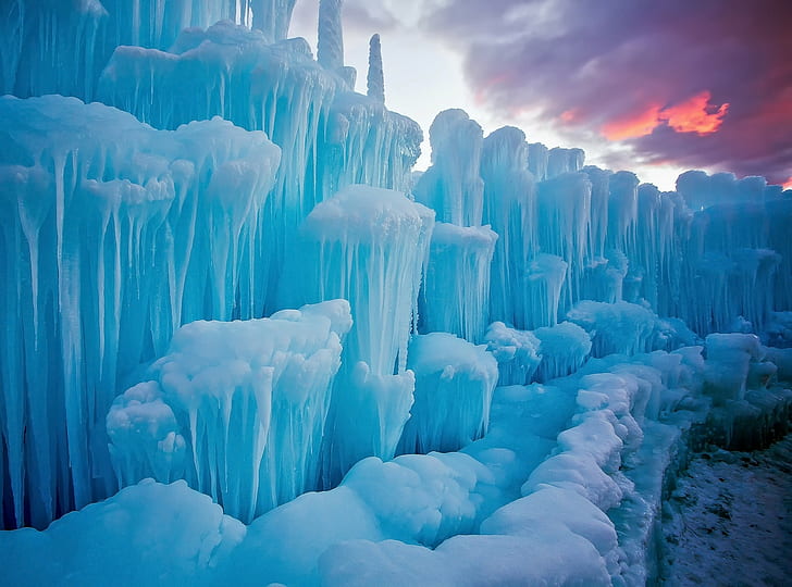 ice, landscape, cyan, sunset, pink, clouds, icicle
