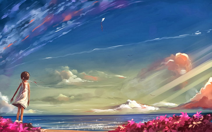 anime girls, sea, flowers, beach, sky, clouds, water, nature