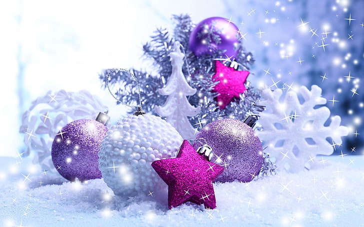 purple and white bauble balls, Christmas, New Year, sparkles, HD wallpaper