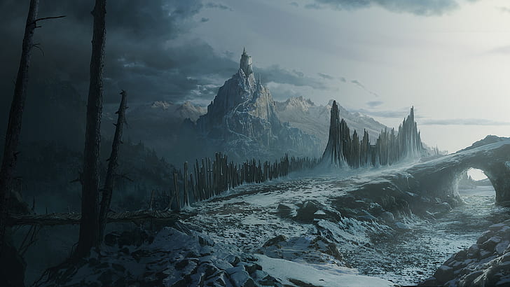 Mountain Castle Snow Arch Landscape HD, fantasy, HD wallpaper