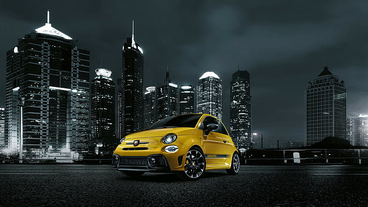 yellow FIAT 500 3-door hatchback near high-rise building, Fiat Abarth 595 Facelift, HD wallpaper