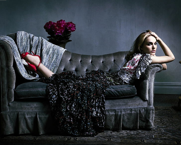 couch, women, Natalie Portman, HD wallpaper