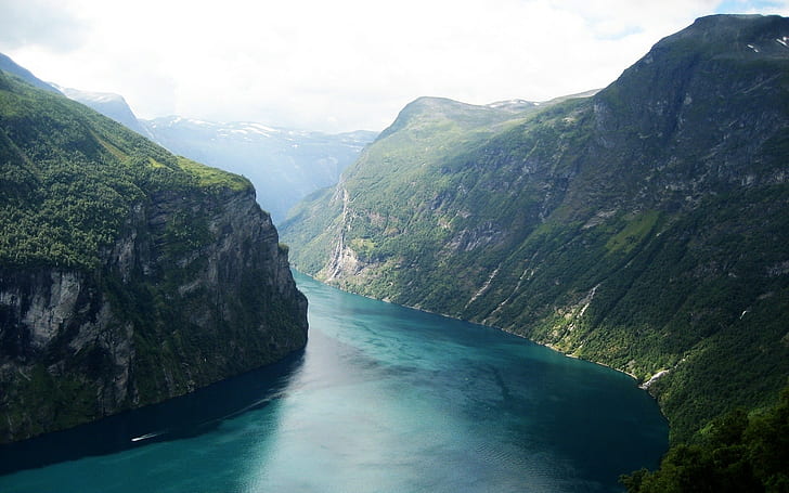 valley, lake, landscape, nature, Geiranger, Norway, mountains