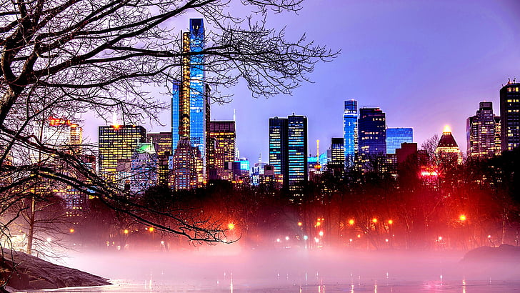 central park, evening, dusk, usa, united states, new york, tower block, HD wallpaper