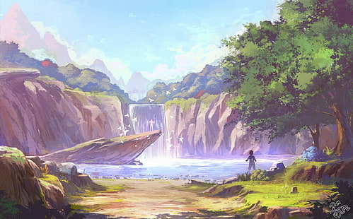 HD wallpaper: Anime, Original, Boy, Lake, Nature, Scenery, Sky, Waterfall |  Wallpaper Flare