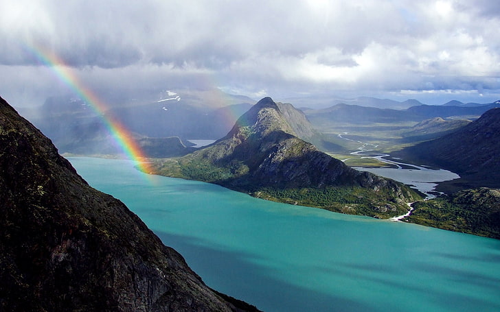 green mountains, rainbow, ocean, land, relief, landscape, sky, HD wallpaper