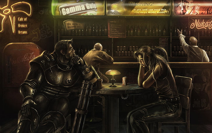 man and woman sitting inside bar painting, art, male, armor, fallout
