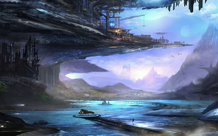 space ship and body of water painting, science fiction, fantasy art, HD wallpaper