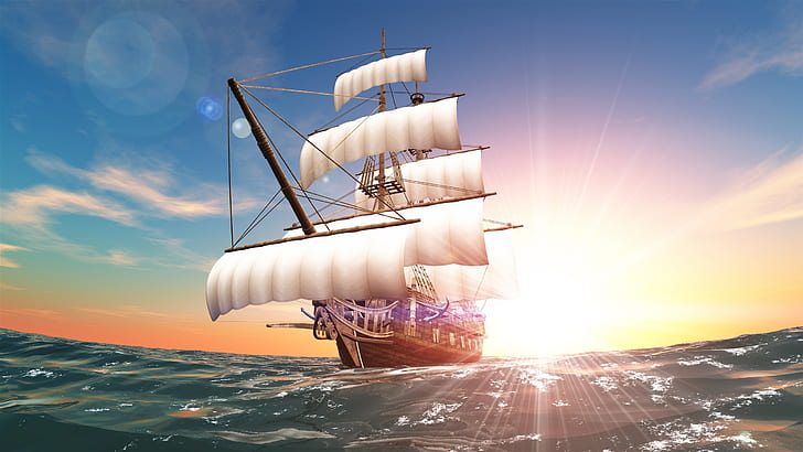 Sun rays, sea, sail, ship, HD wallpaper