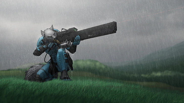black and gray robot action figure, furry, Anthro, sniper rifle, HD wallpaper