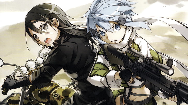 two women anime character holding gun, Sword Art Online, Gun Gale Online