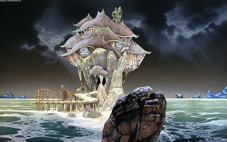 Roger Dean, fantasy art, rock, sea, water, motion, nature, night