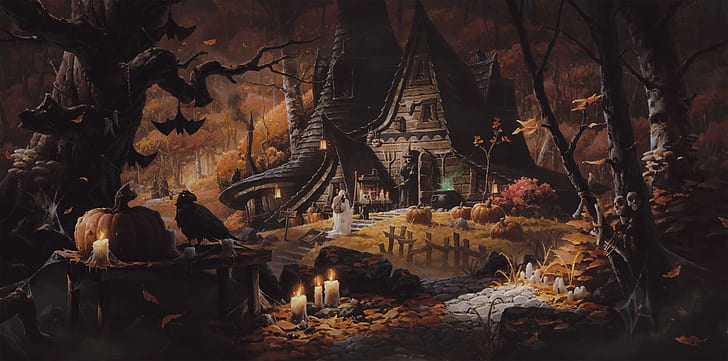 forest, cat, night, house, pumpkin, bat, witch, Raven, halloween, HD wallpaper