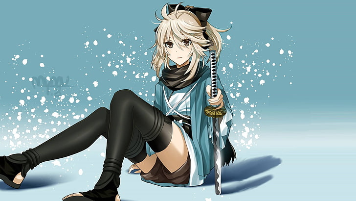 thigh-highs, katana, sword, scarf, Saber, Fate/Grand Order, HD wallpaper
