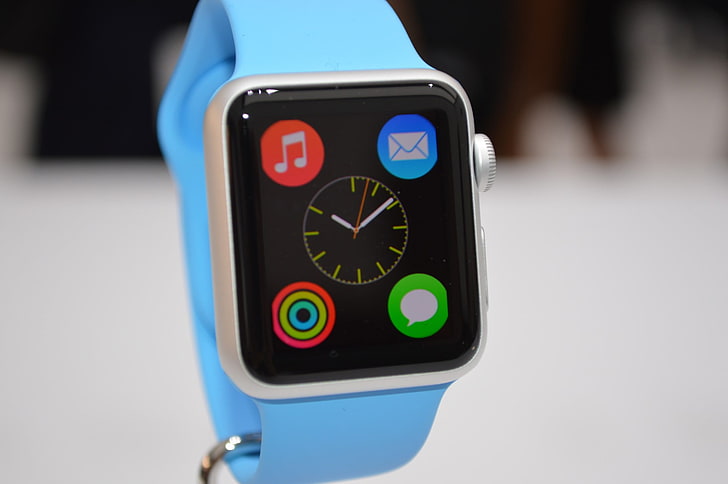 silver aluminum case Apple Watch with blue Sport Band, apple watch sport