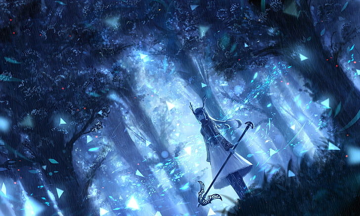 anime girl, magical, staff, blue forest, particles, horns, illuminated