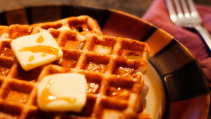 two gold-colored rings, food, waffles, fork, food and drink, close-up