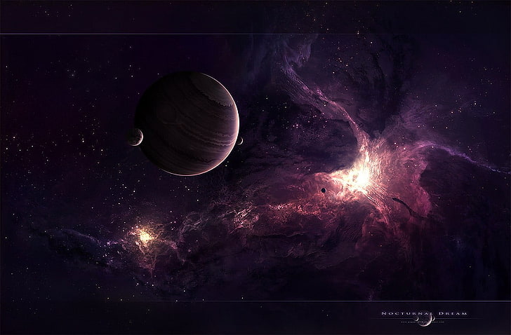 galaxy graphic wallpaper, space, planet, Moon, nebula, purple, HD wallpaper
