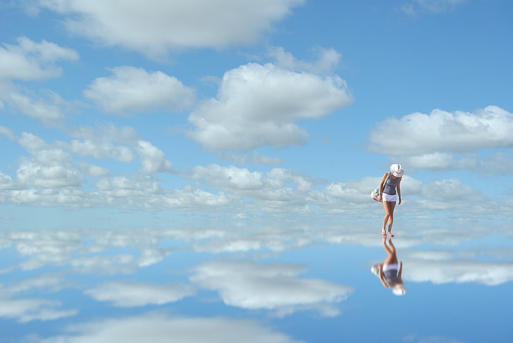 sky, reflection, women, cloud - sky, full length, one person