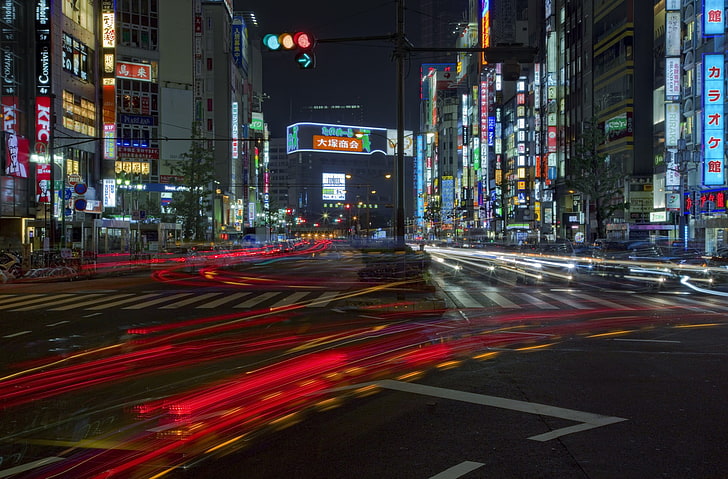 timelapse photography of road taken at nighttime, urban, traffic, HD wallpaper