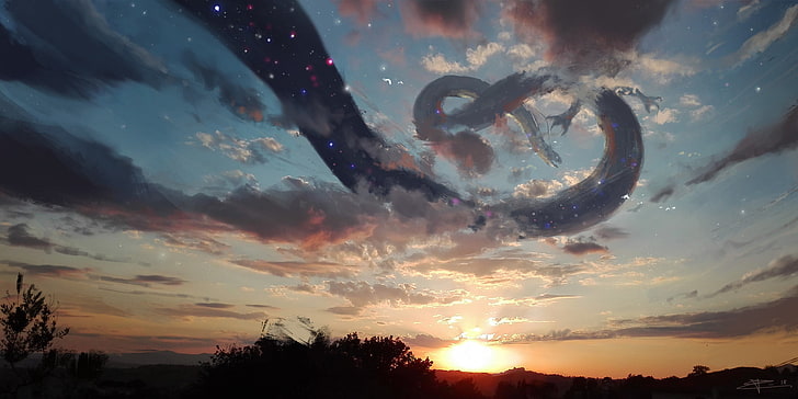 white and blue abstract painting, sunset, dragon, stars, clouds