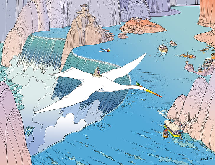 white bird flying over waterfalls painting, Mœbius, comics, artwork
