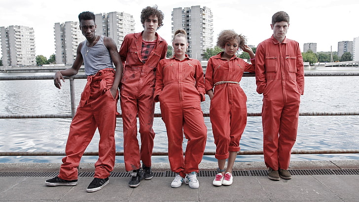 five red overall suits, Misfits, TV, actor, group of people, city, HD wallpaper