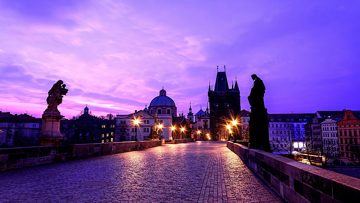 prague, czech republic, evening, dusk, charles bridge, europe