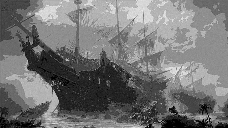 illustration of ship, monochrome, black, water, nature, cold temperature, HD wallpaper