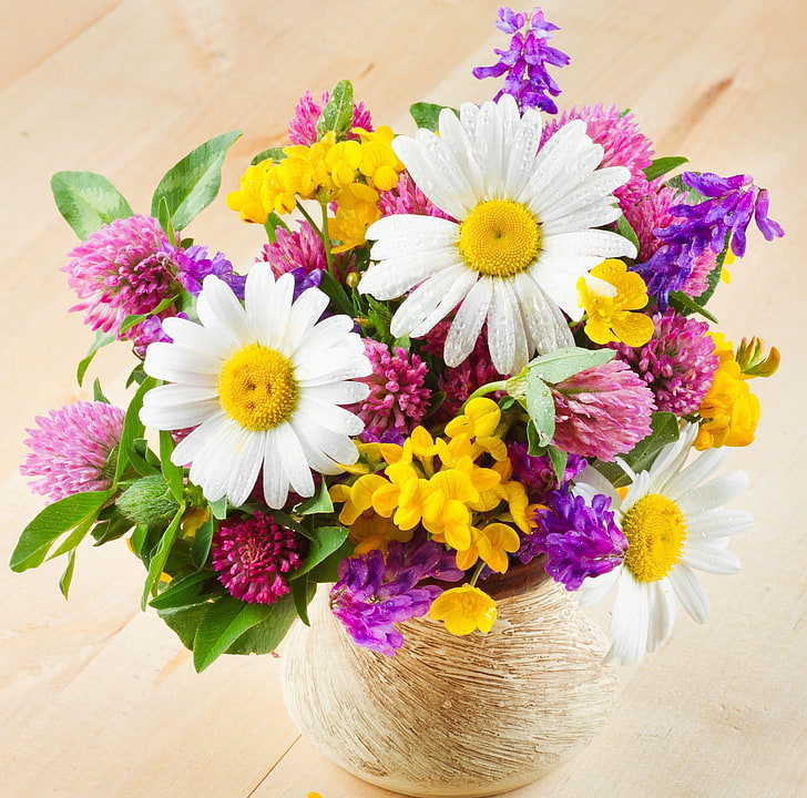 assorted-colored petaled flowers, daisies, clover, vase, bouquet
