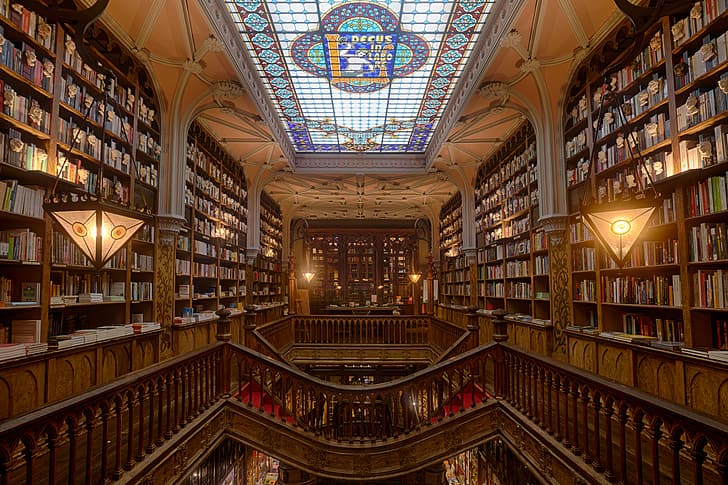books, bookshelf, interior, wood, shelves, Livraria Lello, Portugal