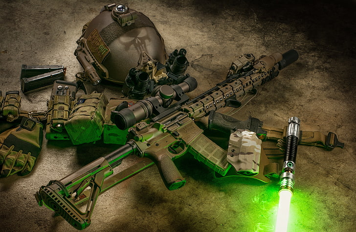 gun, ray, flashlight, rifle, helmet, assault, AR-15, semi-automatic, HD wallpaper