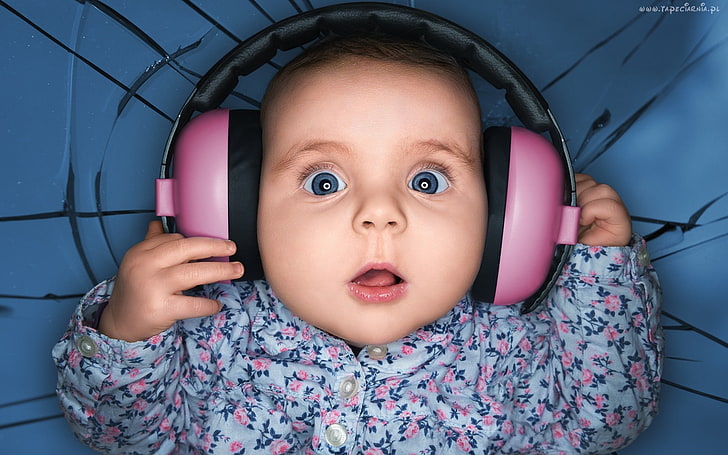 pink and black wireless headphones, untitled, blue eyes, baby, HD wallpaper