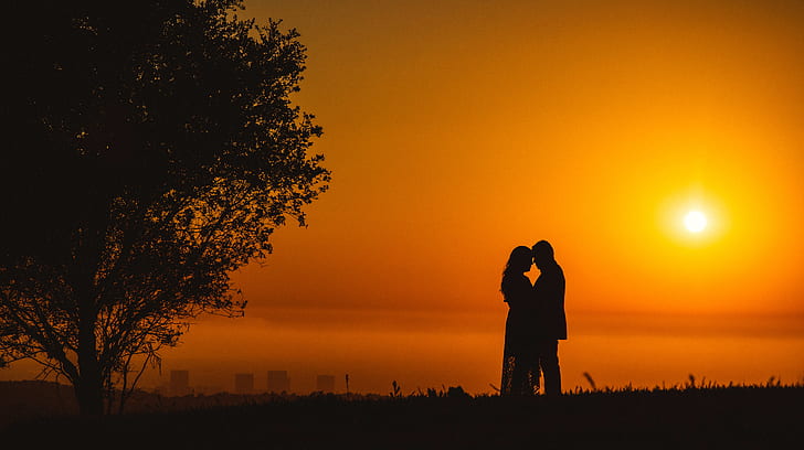 Couple, Romantic, Sunset, Silhouette, 4K