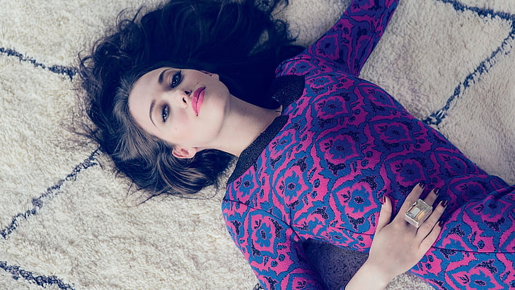 women's blue and purple floral top, Kat Dennings, photography