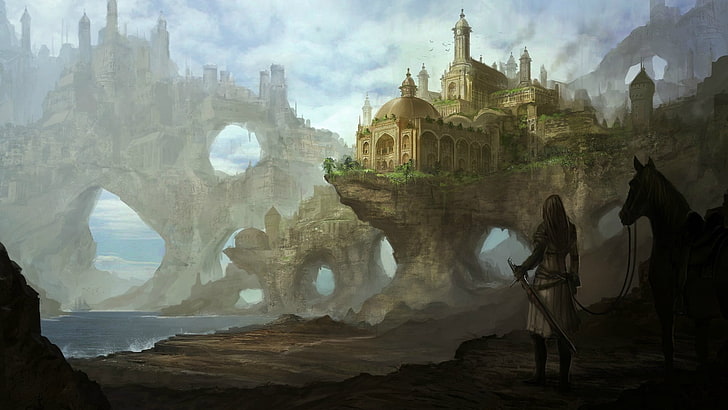 knight and castle illustration, artwork, fantasy art, horse, architecture