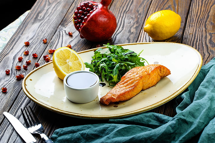 food, salmon, lemons, salad, food and drink, fruit, healthy eating, HD wallpaper