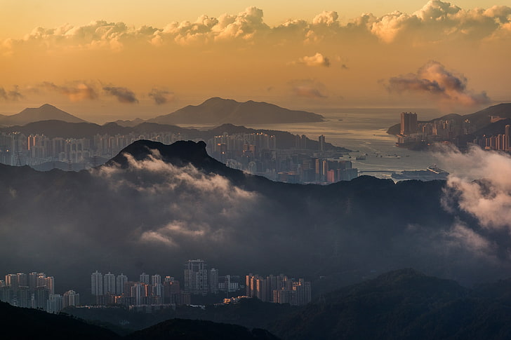 Hong Kong, Victoria Harbour, sky, mountains, clouds, building