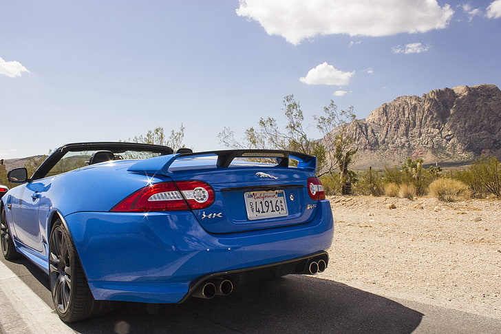 blue 5-door hatchback, Jaguar (car), sports car, desert, blue cars, HD wallpaper