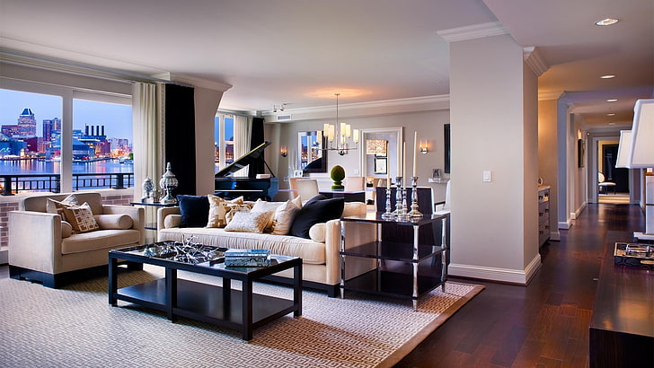 beige suede couch, interior design, furniture, indoors, home interior, HD wallpaper