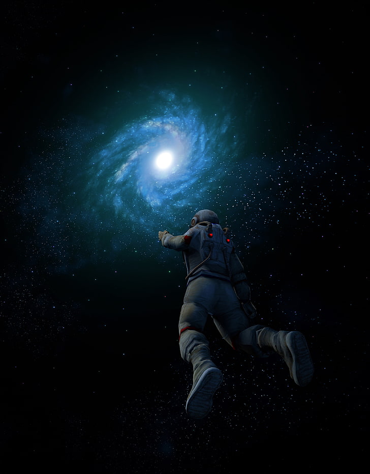 Nebula, Space suit, Astronaut, Cosmos, Universe, Spiral galaxy, HD wallpaper