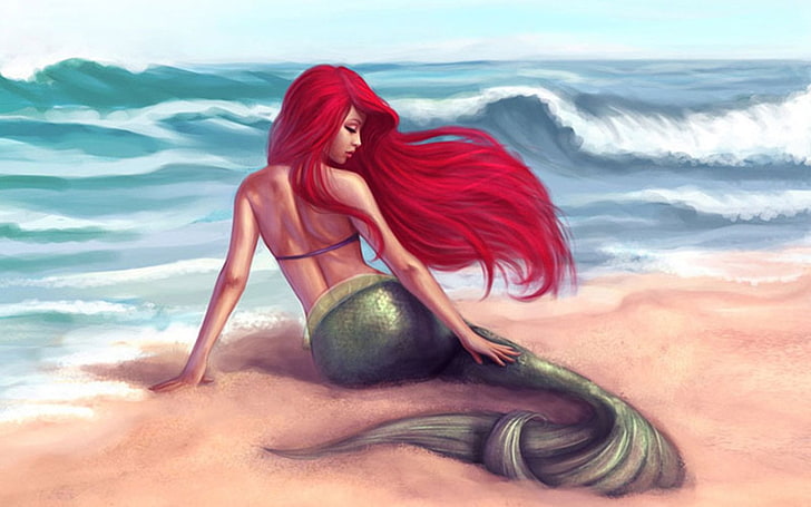 Ariel sitting on shore painting, The Little Mermaid, Beach, Ocean