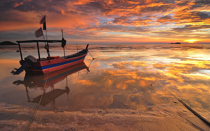 Sea, beach, boat, sunset, water reflection, HD wallpaper