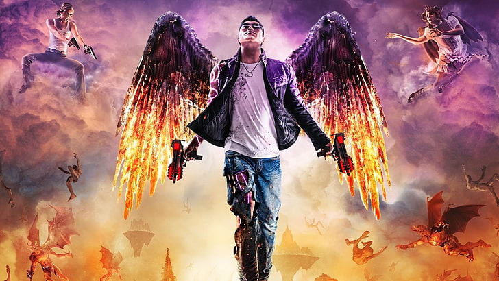man with wings holding guns wallpaper, Saints Row, Saints Row: Gat out of Hell