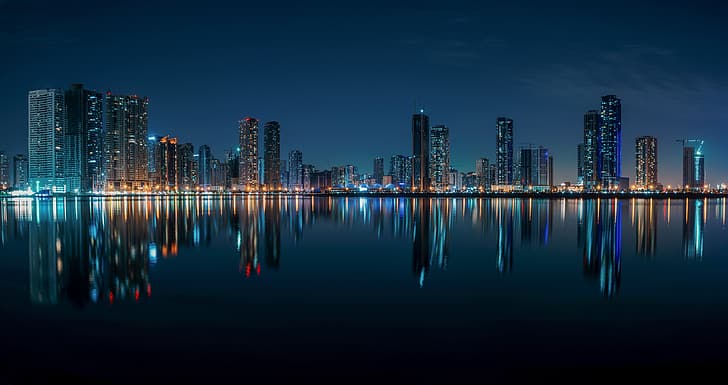 water, reflection, building, home, night city, skyscrapers, HD wallpaper